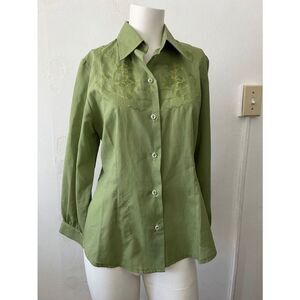 Vtg Womens Western Shirt S Green floral embroidered Ranch Hippie Cowgirl Boho